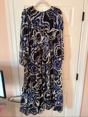 LOFT Blue and Black Printed Long Sleeve Midi Dress